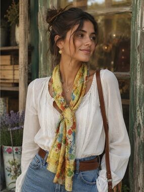 Vintage Chiffon Floral Scarf 56”x17”. Garden | Vibrant | Retro | Artistic EUC